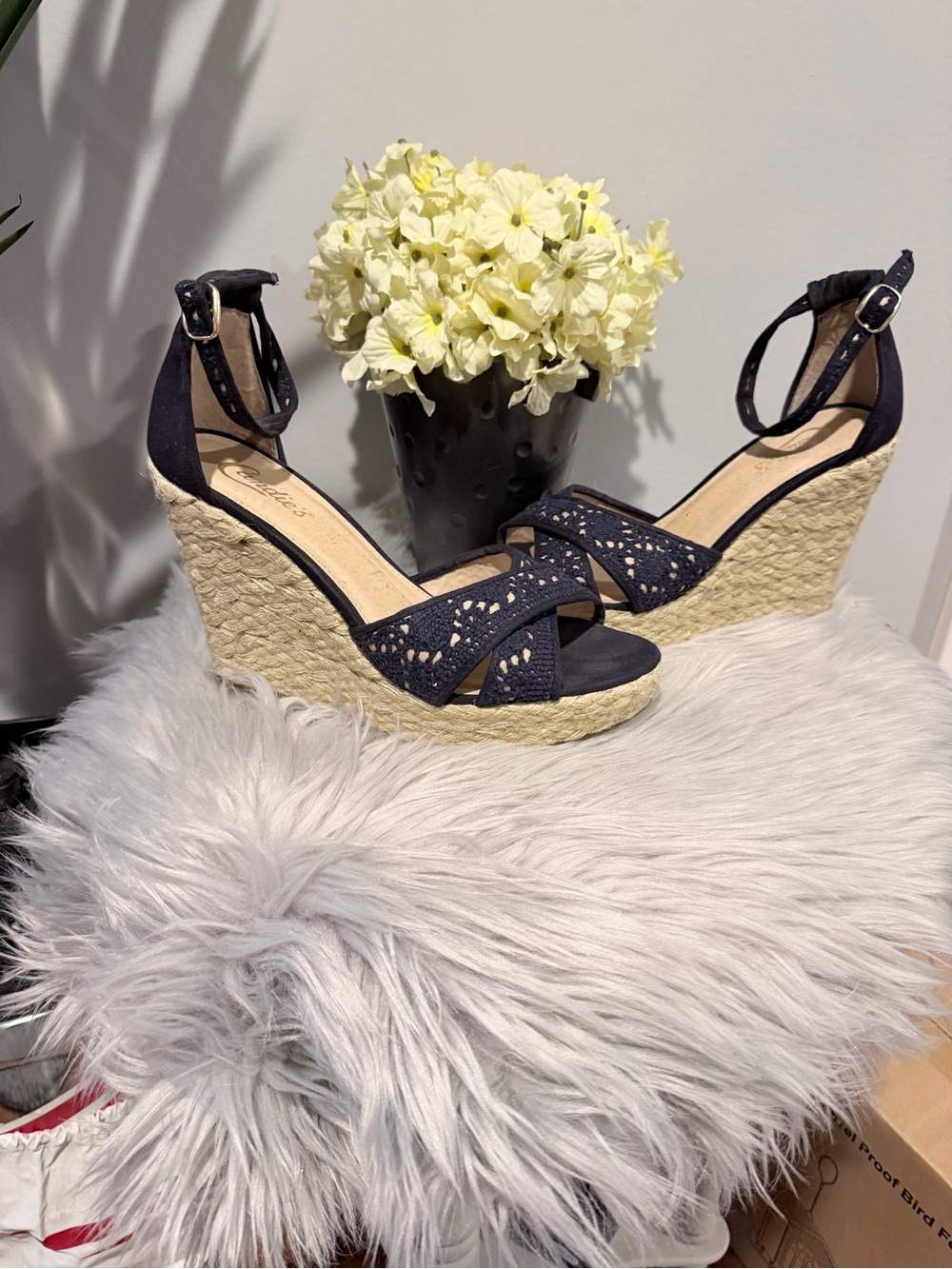 Candie's Navy Espadrille Wedge Sandals with Ankle Strap